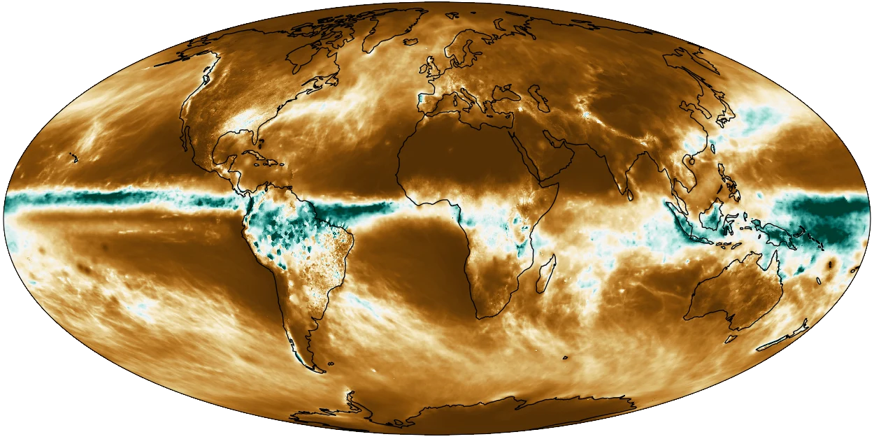 Global map of precipitation in a high-resolution climate simulation, with a strong tropical rain band shown in teal over brown dry regions.