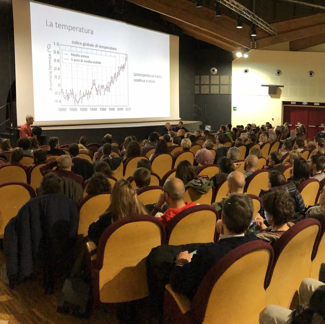 A packed theatre audience watching a Silviadizenzero talk on global temperature anomalies.
